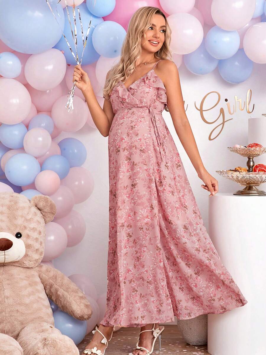 SHEIN Maternity Floral Print Knot Side Wrap Hem Cami Dress - Pink - View 1