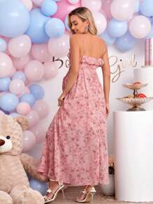 SHEIN Maternity Floral Print Knot Side Wrap Hem Cami Dress - Pink - View 2