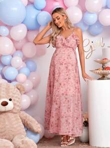 SHEIN Maternity Floral Print Knot Side Wrap Hem Cami Dress - Pink - View 3