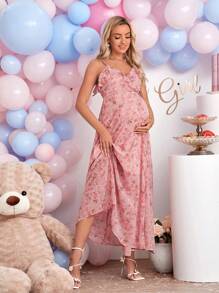 SHEIN Maternity Floral Print Knot Side Wrap Hem Cami Dress - Pink - View 4