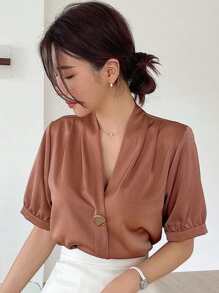 DAZY Blusa Sólida De Manga Abullonada Con Botones En La Parte Delantera - Óxido marrón - Ver 1