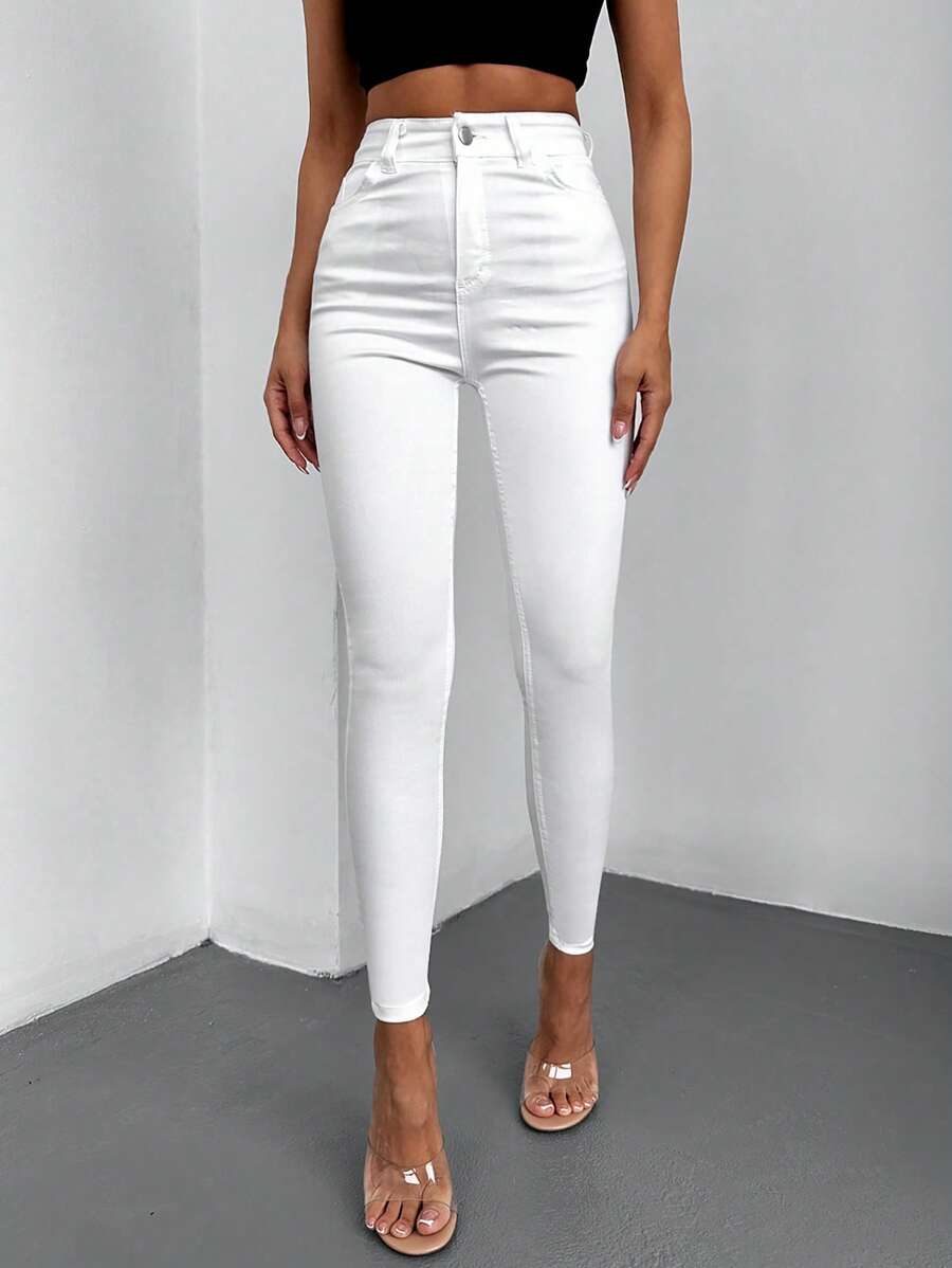 EURMUSE Cotton Solid Slant Pocket Casual Skinny Cropped Jeans - White - View 1