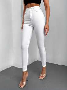 EURMUSE Cotton Solid Slant Pocket Casual Skinny Cropped Jeans - White - View 3