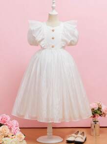 SHEIN 女孩荷葉邊前紐扣洋裝 - 白色 - 查看 2