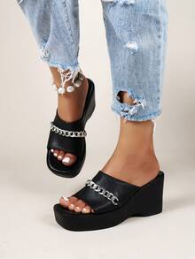 Women Chain Decor Wedge Slide Sandals, Punk Sandals - Black - View 1