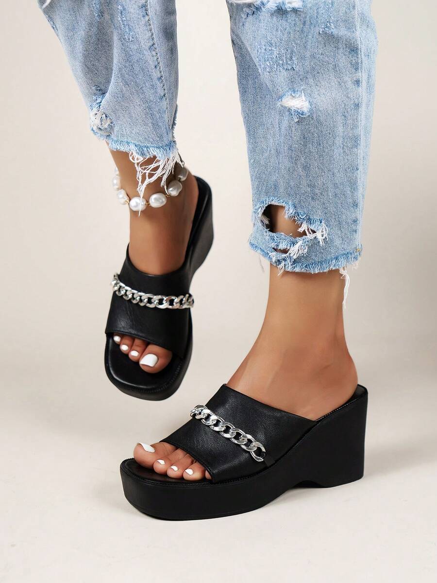 Women Chain Decor Wedge Slide Sandals, Punk Sandals - Black - View 1