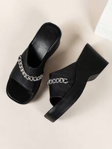 Women Chain Decor Wedge Slide Sandals, Punk Sandals - Black - View 3