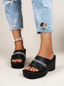 Women Chain Decor Wedge Slide Sandals, Punk Sandals - Black - View 5