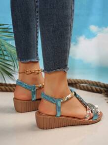 女士花卉圖案露跟坡跟度假涼鞋 - 藍色 - 查看 3