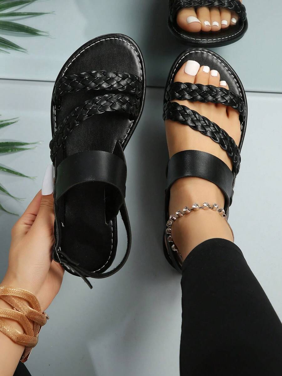女士編織細節露跟人造超細纖維皮革度假涼鞋 - 黑色 - 查看 1