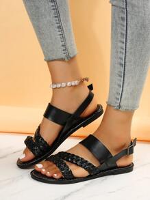 女士編織細節露跟人造超細纖維皮革度假涼鞋 - 黑色 - 查看 2