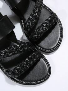 女士編織細節露跟人造超細纖維皮革度假涼鞋 - 黑色 - 查看 4