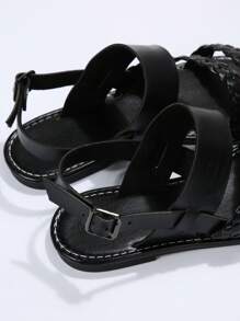 女士編織細節露跟人造超細纖維皮革度假涼鞋 - 黑色 - 查看 6