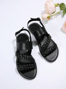 女士編織細節露跟人造超細纖維皮革度假涼鞋 - 黑色 - 查看 7