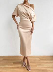 Chiquease Đầm Bất đối xứng Xù Chia màu trơn Thanh lịch - Màu be - Xem 2