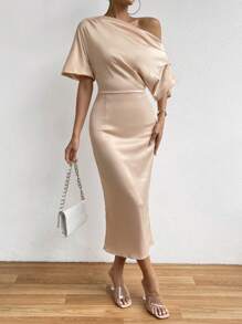 Chiquease Đầm Bất đối xứng Xù Chia màu trơn Thanh lịch - Màu be - Xem 4