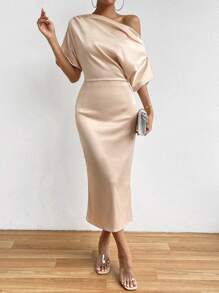 Chiquease Đầm Bất đối xứng Xù Chia màu trơn Thanh lịch - Màu be - Xem 6