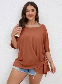 SHEIN LUNE Plus Solid Knot Side Batwing Sleeve Tee - Burnt Orange - View 3