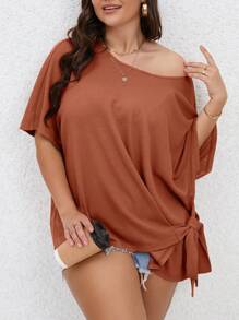 SHEIN LUNE Plus Solid Knot Side Batwing Sleeve Tee - Burnt Orange - View 4