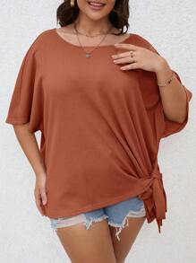 SHEIN LUNE Plus Solid Knot Side Batwing Sleeve Tee - Burnt Orange - View 5