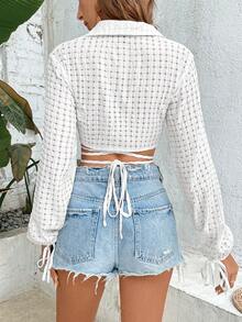 Breezaya Áo sơ mi nữ Hội Chữ thập Nút phía trước Buộc lại màu trơn Giải trí - trắng - Xem 3