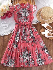 女孩印花荷葉邊百褶下擺繫腰帶洋裝 - 西瓜粉 - 查看 1