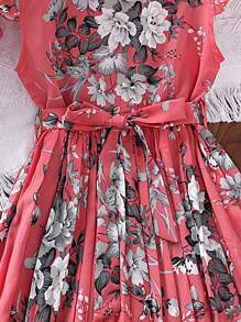 女孩印花荷葉邊百褶下擺繫腰帶洋裝 - 西瓜粉 - 查看 4