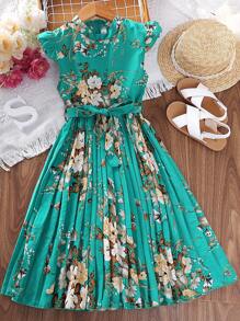 Teen Girl Floral Print Cap Sleeve Pleated Hem Cute Dress - Green - View 6