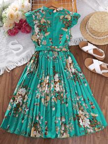 Teen Girl Floral Print Cap Sleeve Pleated Hem Cute Dress - Green - View 2