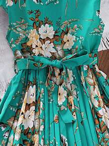 Teen Girl Floral Print Cap Sleeve Pleated Hem Cute Dress - Green - View 5