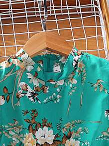Teen Girl Floral Print Cap Sleeve Pleated Hem Cute Dress - Green - View 4