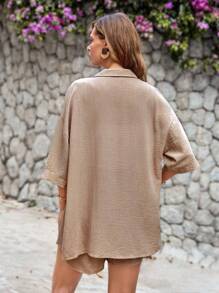 RueChic Solid Drop Shoulder Shirt & Shorts - Camel - View 2