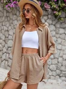 RueChic Solid Drop Shoulder Shirt & Shorts - Camel - View 1