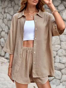 RueChic Solid Drop Shoulder Shirt & Shorts - Camel - View 6
