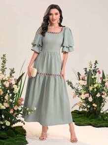 Mulvari Geo Tape Square Neck Puff Sleeve Ruffle Hem Dress - Mint Green - View 1