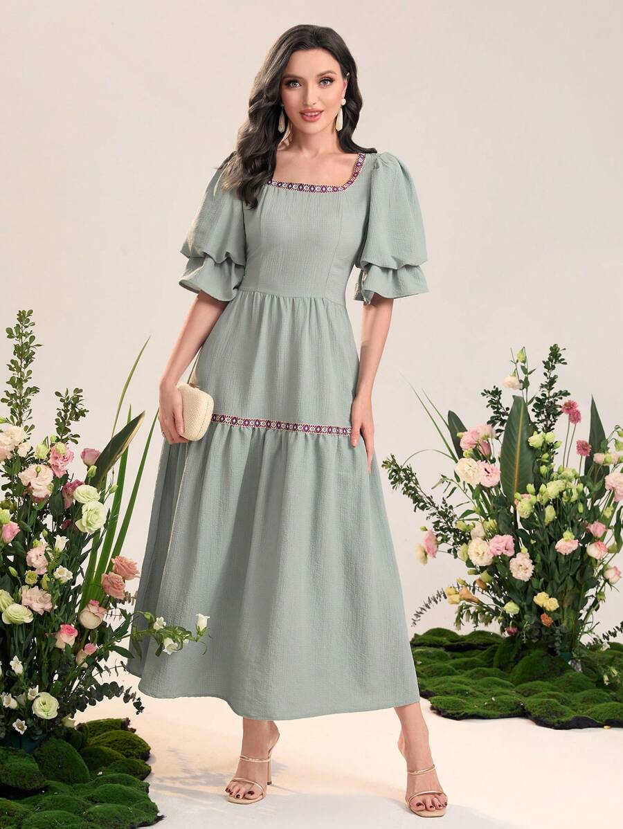 Mulvari Geo Tape Square Neck Puff Sleeve Ruffle Hem Dress - Mint Green - View 1