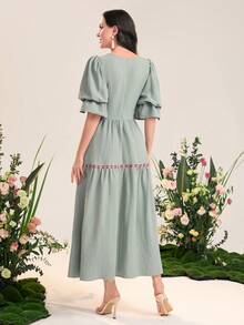 Mulvari Geo Tape Square Neck Puff Sleeve Ruffle Hem Dress - Mint Green - View 2