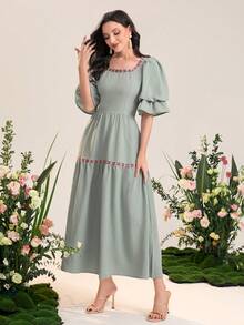 Mulvari Geo Tape Square Neck Puff Sleeve Ruffle Hem Dress - Mint Green - View 3