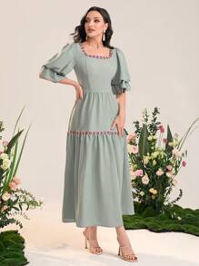 Mulvari Geo Tape Square Neck Puff Sleeve Ruffle Hem Dress - Mint Green - View 4