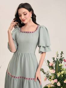 Mulvari Geo Tape Square Neck Puff Sleeve Ruffle Hem Dress - Mint Green - View 5