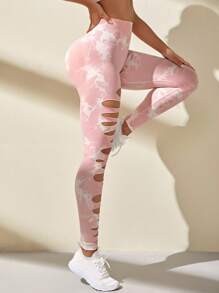 Yoga Sxy Quần Leggings Thể thao Nữ Cắt ra Cà vạt nhuộm - Màu Hồng baby - Xem 4