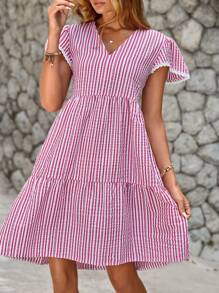 EURMUSE Striped Print Puff Sleeve Smock Dress - Pink - View 1
