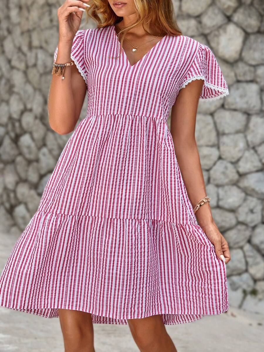 EURMUSE Striped Print Puff Sleeve Smock Dress - Pink - View 1