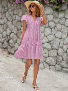 EURMUSE Striped Print Puff Sleeve Smock Dress - Pink - View 3