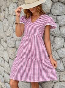 EURMUSE Striped Print Puff Sleeve Smock Dress - Pink - View 4
