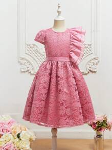 SHEIN Girls Ruffle Trim Lace Dress - Dusty Pink - View 2