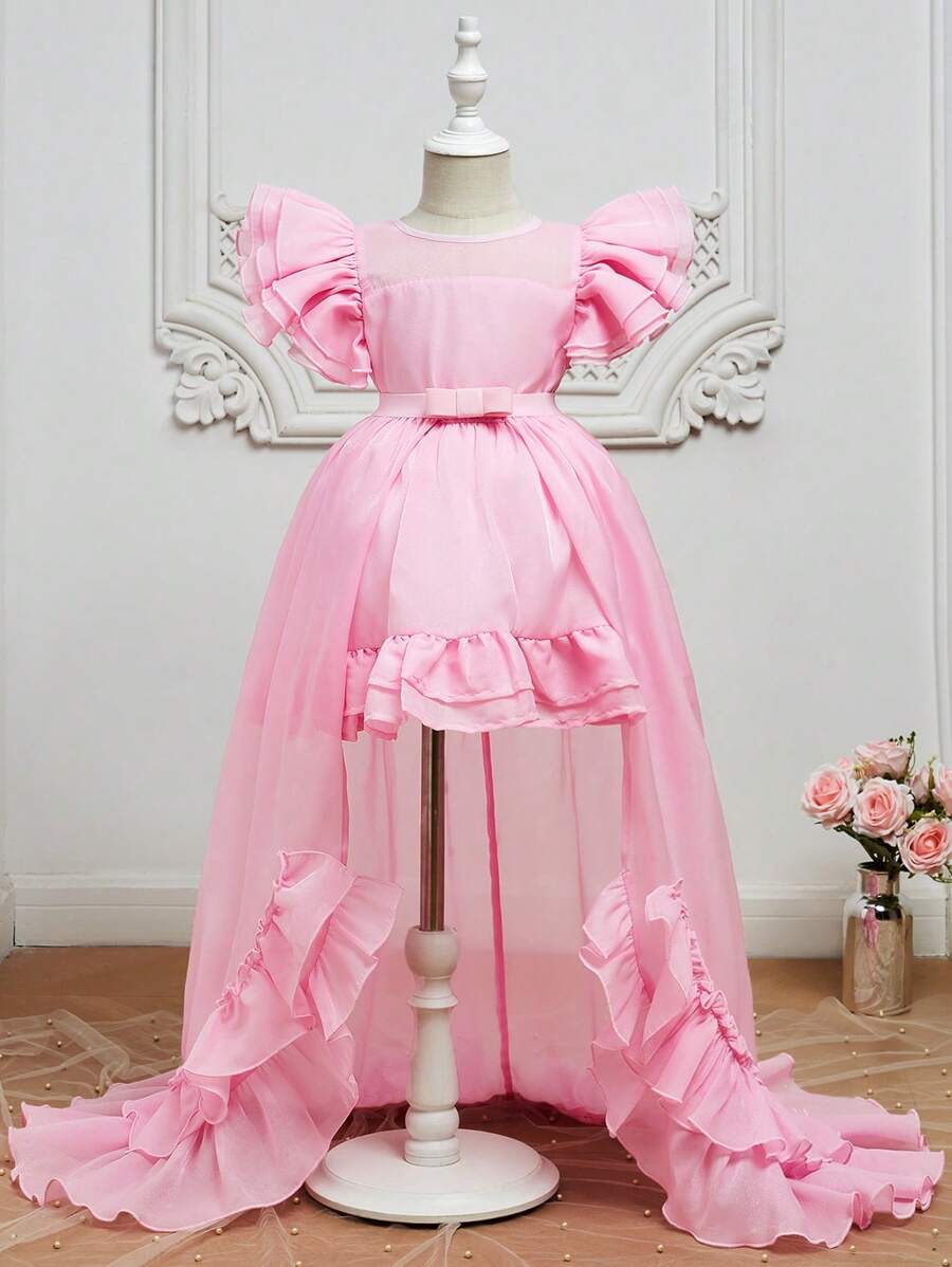 SHEIN 小女童荷葉邊網紗覆蓋派對禮服 - 淺粉色 - 查看 1