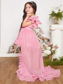 SHEIN 小女童荷葉邊網紗覆蓋派對禮服 - 淺粉色 - 查看 6
