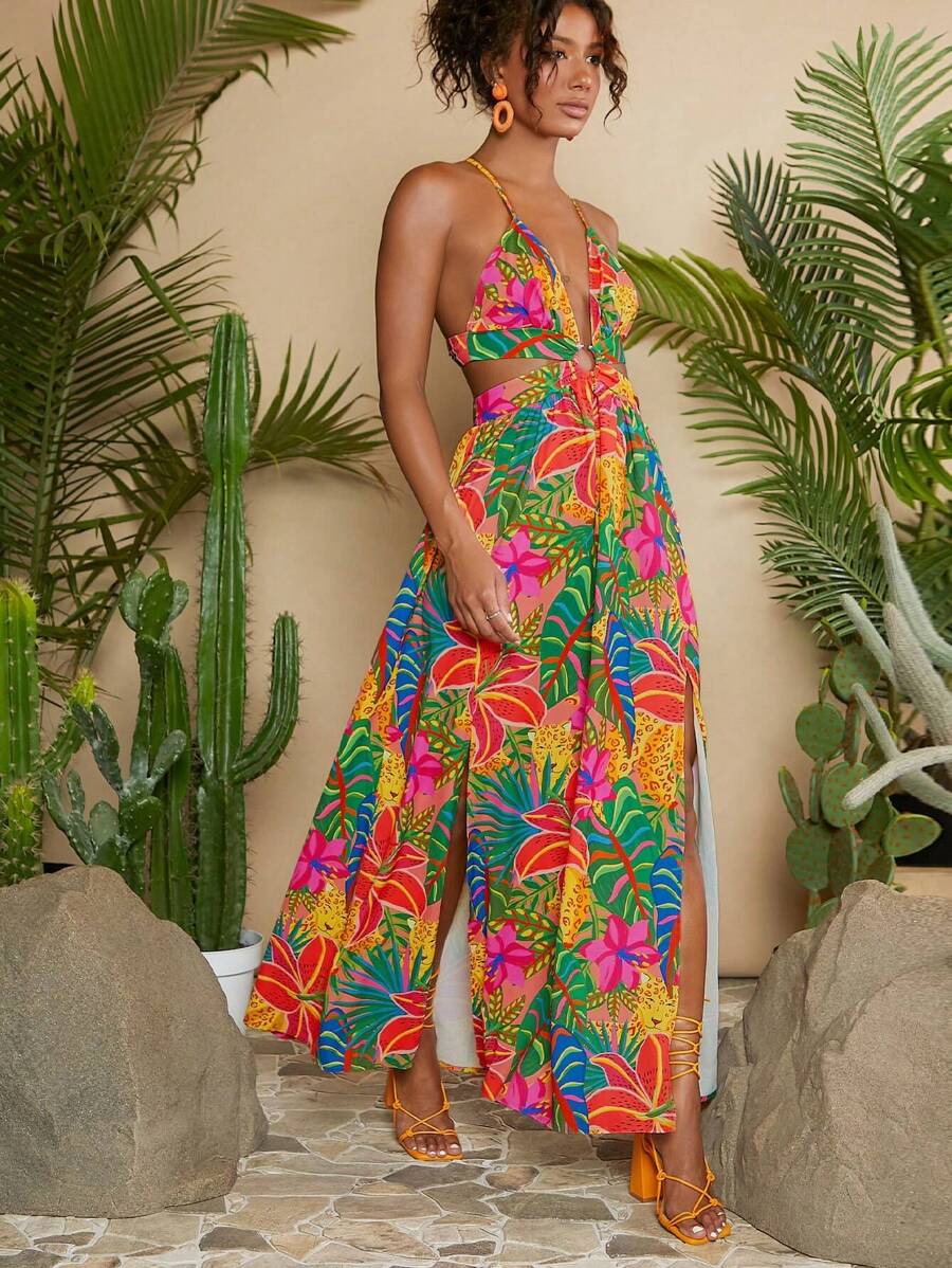 Travachic Tropical Print Crisscross Tie Backless Split Thigh Cami Dress - Multicolor - View 1