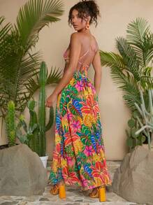 Travachic Tropical Print Crisscross Tie Backless Split Thigh Cami Dress - Multicolor - View 2